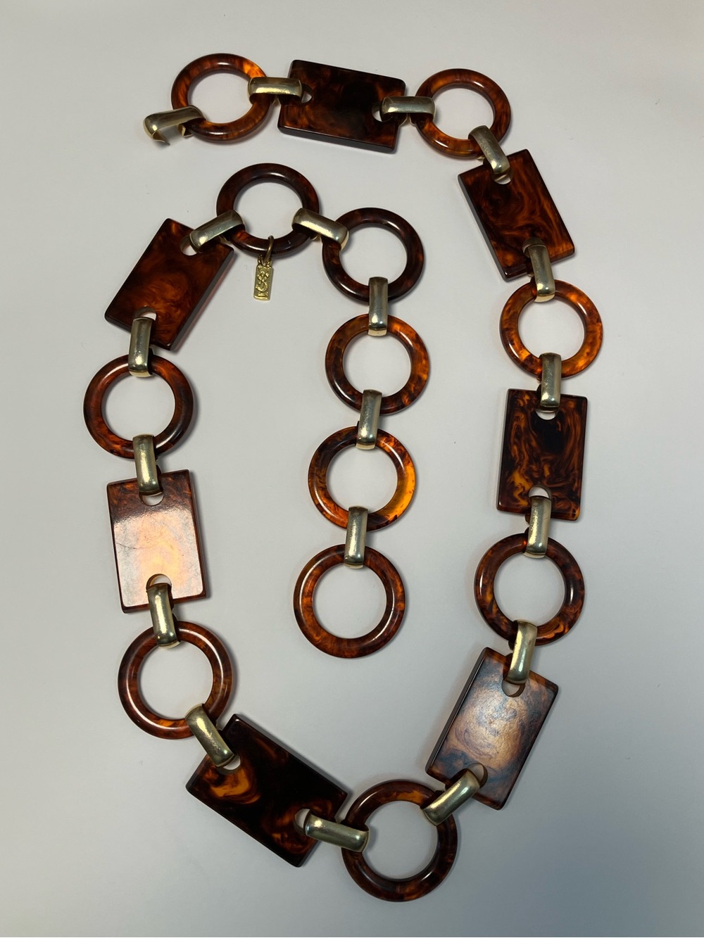 Vintage 1970s YSL Yves Saint Laurent Faux Tortoise Lucite Chain Necklace Belt